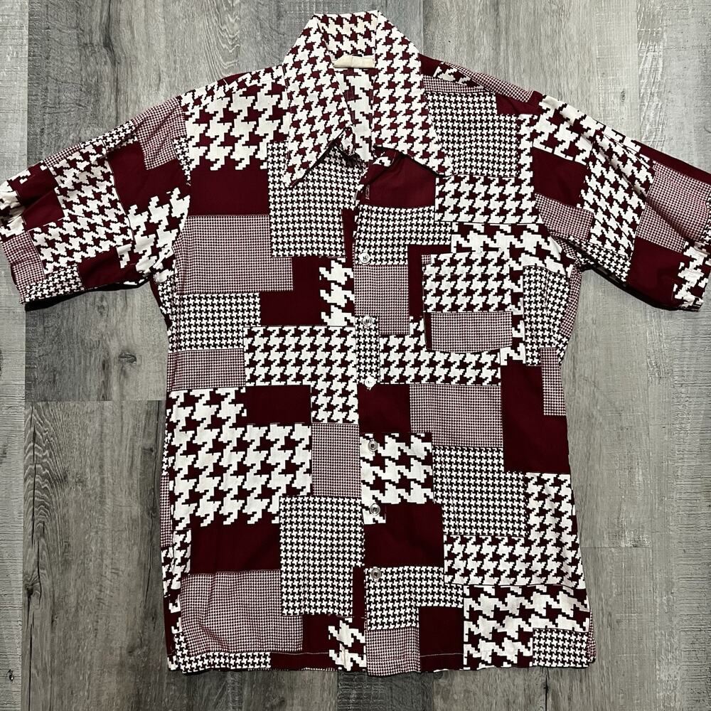 Vintage Mr. Cabana 70s Disco Poly Button Shirt Red Geometric Patchwork USA M